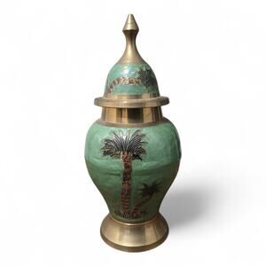 Vintage Indian Brass Urn Green Enamel Etched Palm Tree Ginger Jar Made In India